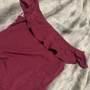 Burgundy Off the Shoulder Bodysuit with Ruffle Top